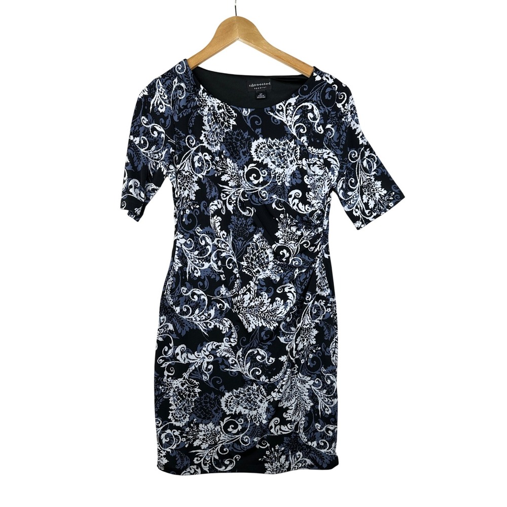 Connected Apparel Half Sleeve Floral Print Lined Dress size 6 Petite Black/White